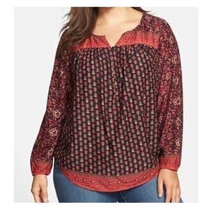 Lucky Brand Boho Tunic Blouse Large Black Red Floral Henley Indie Festival